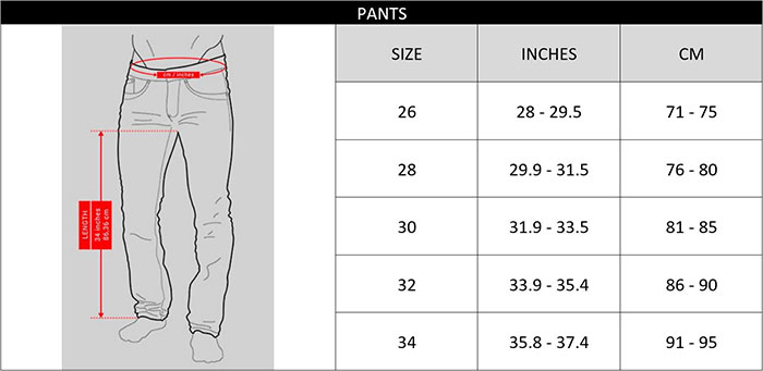 ES Collection Size Chart Pants
