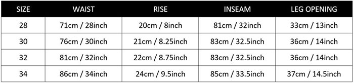 Rufskin Pants Sizechart